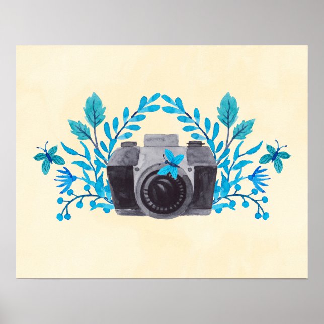 Poster Caméra Avec Feuilles Bleus Azur Et Papillons (Devant)