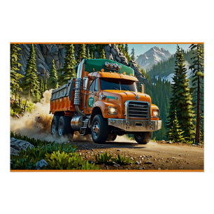 Poster Camion de galets orange dans les montagnes