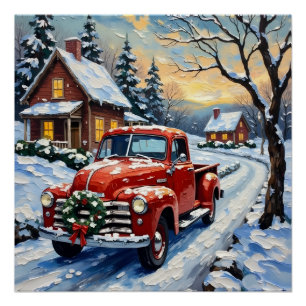 Poster Camion de Noël Rouge Vintage sur une Route de Camp