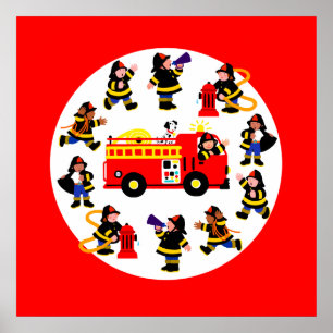 Poster Camion d'incendie avec pompiers occupés