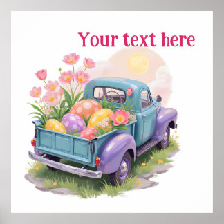 Poster Camion Rétro Sarcelle et Violet avec Œufs de Pâque