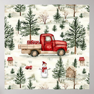 Poster Camion rouge avec cadeaux et bonhomme de neige