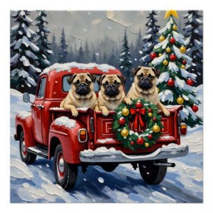 Poster Camion rouge de Noël Pug Fêtes