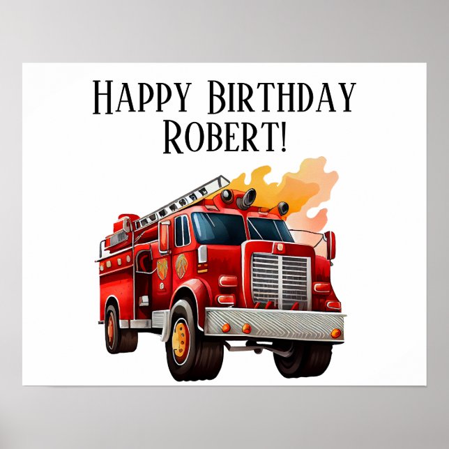 Poster Camion rouge Enfant Joyeux Anniversaire Nom (Devant)