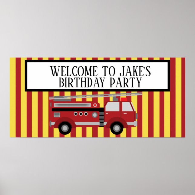 Poster Camion rouge jaune rayé Bannière de fête d'anniver (Devant)