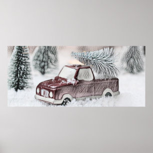Poster Camion rouge vintage avec dessin d'arbre de Noël