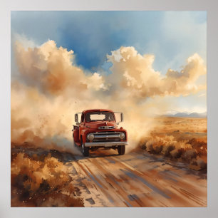 Poster Camion Rouge Vintage Traversant un Paysage Déserti