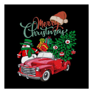 Poster Camionnette Rouge Ramassage Sapin de Noël Joyeux N