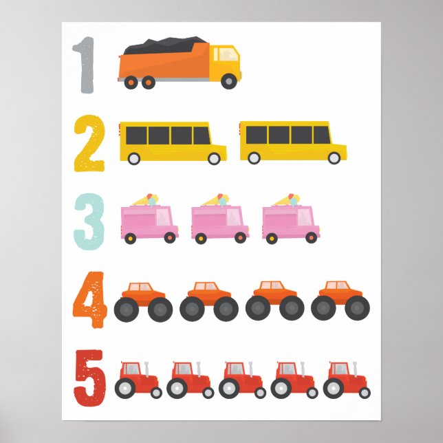 Poster Camions colorés Nombre Nourriture Art (Devant)