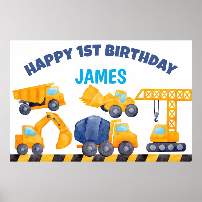 Poster Camions de construction garçons fête d'anniversair (Devant)