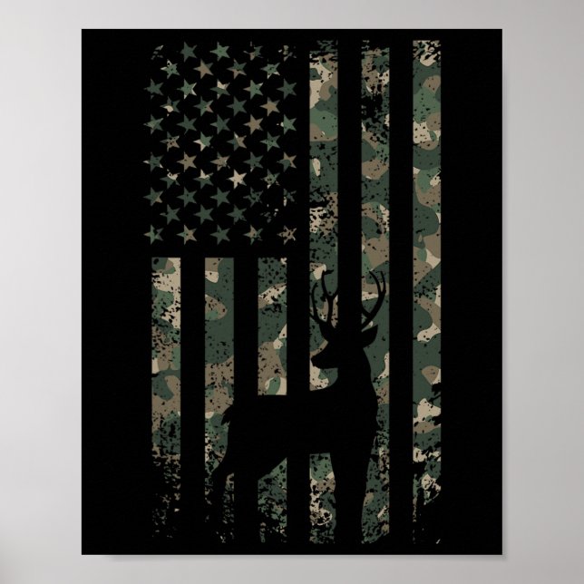 Poster Camo Us Drapeau Cerf Elk Buck Camouflage Chasse Ch (Devant)