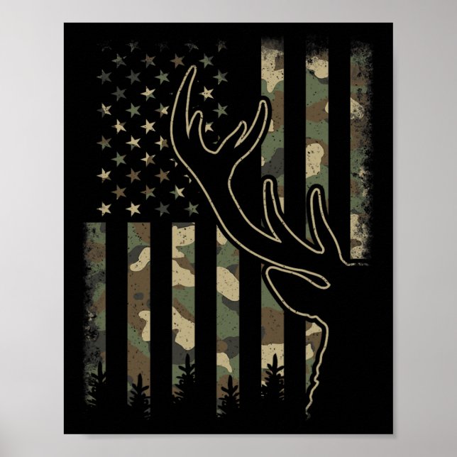 Poster Camo Us Drapeau Elk Buck Camouflage Deer Chasse Ch (Devant)