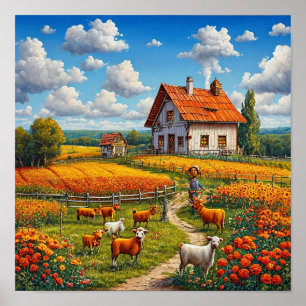 Poster Campagne rustique Nature Village agricole mignon