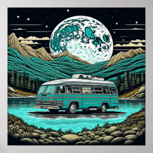 Poster Camper turquoise Vintage RV dans les montagnes Ret