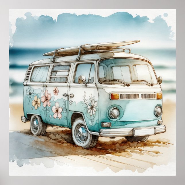 Poster Campervan Rétro avec Fleurs Hippie et Surf board (Devant)