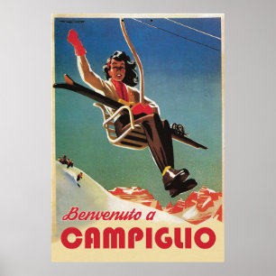 Poster Campiglio, Femme sur un remontée mécanique