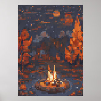 Poster Camping Life Pixel Art Feu Tente Étoiles Extérieur