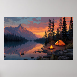 Poster Camping paisible au bord d'un lac de montagne