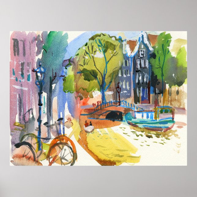 Poster Canal Amsterdam avec Vélos Aquarelle Mur Art (Devant)