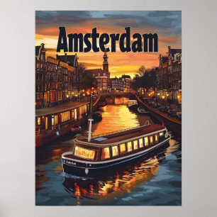 Poster Canal Amsterdam : Coucher de soleil et lumières de
