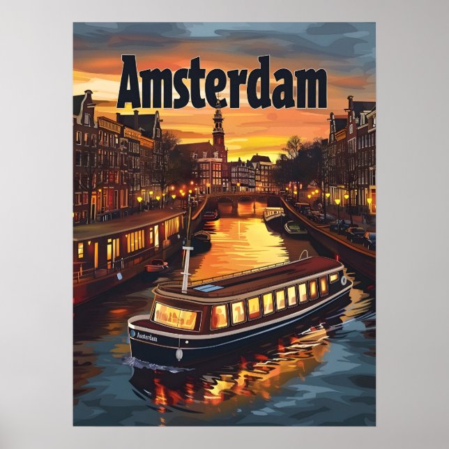 Poster Canal Amsterdam : Coucher de soleil et lumières de (Devant)