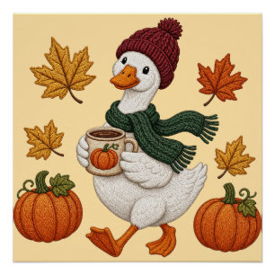Poster Canard automnal cosy avec feuilles de café à la ci