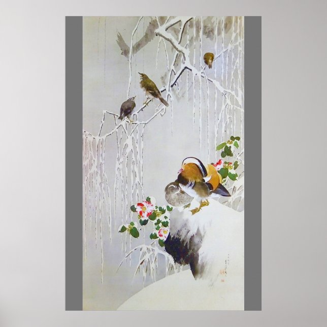 Poster Canard Mandarin en scène de neige, Watanabe Seitei (Devant)