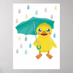 Poster Canard Mignon Avec Parapluie Sous La Pluie Arc-En-
