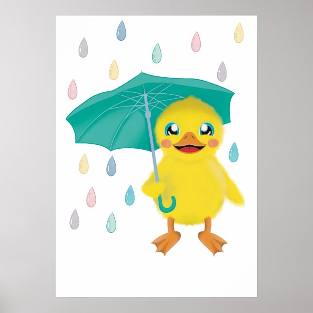Poster Canard mou Avec Parapluie En Pluie Arc-En-Ciel (Devant)