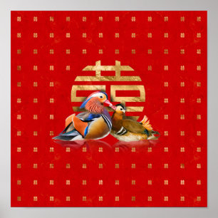 Poster Canards mandarins et bonheur double sur rouge