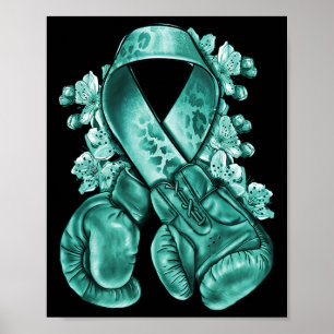 Poster Cancer de l'ovaire Ruban Turquoise avec gants de b