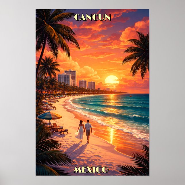 Poster Cancun, Mexico Retro Art Deco Color Tourism (Devant)