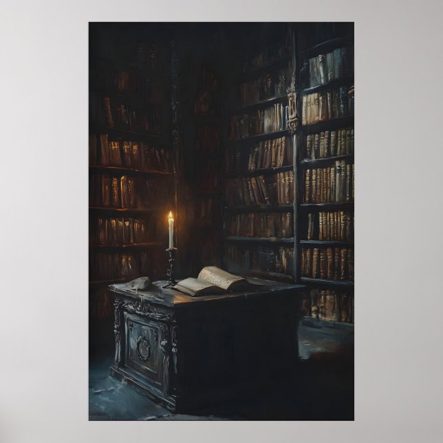 Poster Candlelit Gothic Library Art, Dark Academia  (Devant)