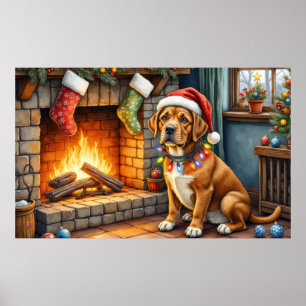 Poster Cane Corso Cheminée avec Lumières de Noël