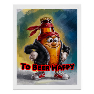Poster Canette de bière drôle et colorée très heureuse su