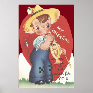 Poster Canne à pêche garçon de la campagne Saint-Valentin