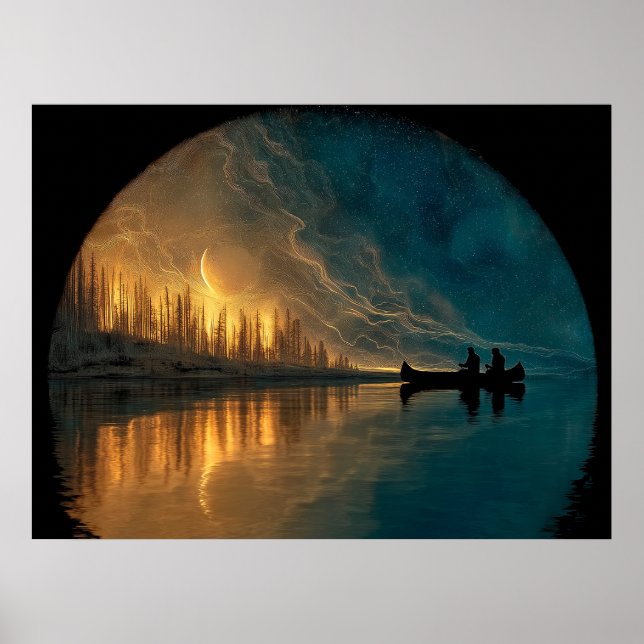 Poster Canoë et lune de croissant sur un lac (Devant)