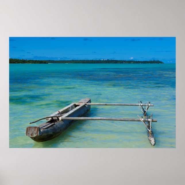 Poster Canoë Outrigger en mer peu profonde (Devant)