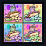Poster, Canvas - Pop Art Hot Dog with Chips and a  Poster<br><div class="desc">There's nothing more Americana than a Hot Dog and this POP ART HOT DOG with potato chips, pickle slice and cold soda is my tribute to a classic pop culture fast food. It's a cool illustration for a hot dog! Have some fun and PERSONALIZE your purchases with your own text...</div>
