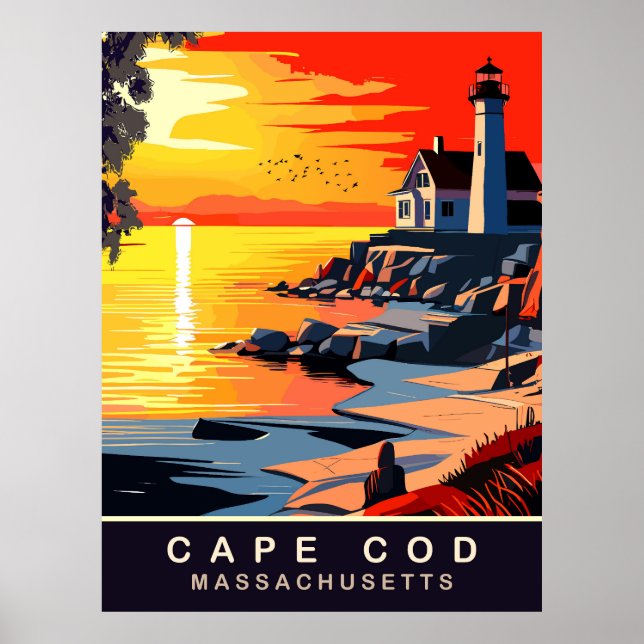 Poster Cape Cod, MA, Coucher de soleil sur la côte, Voyag (Devant)