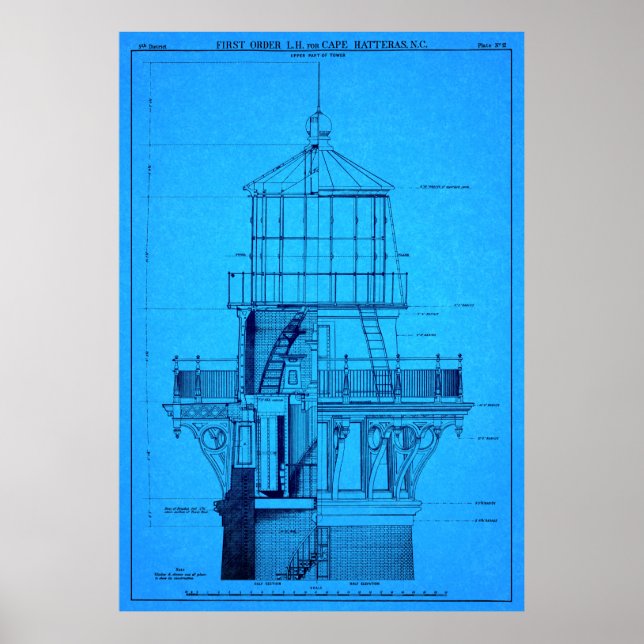 POSTER CAPE HATTERAS LIGHTHOUSE BLUEPRINT 1869 (Devant)