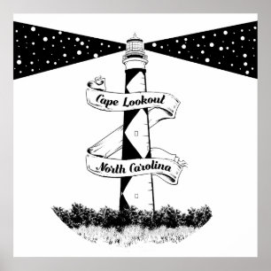Poster Cape Lookout Lighthouse noir et blanc