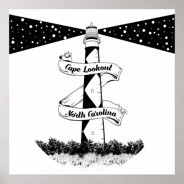 Poster Cape Lookout Lighthouse noir et blanc (Devant)