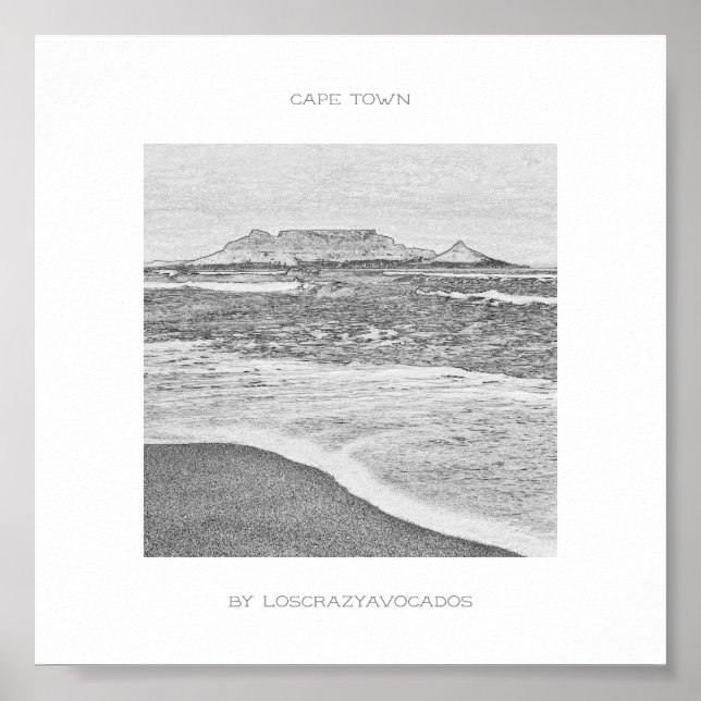 Poster Cape Town Table Mountain Beach Ocean Croquis Poste (Devant)