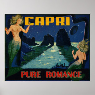 Poster Capri, romance pur, sirènes la nuit, vintage