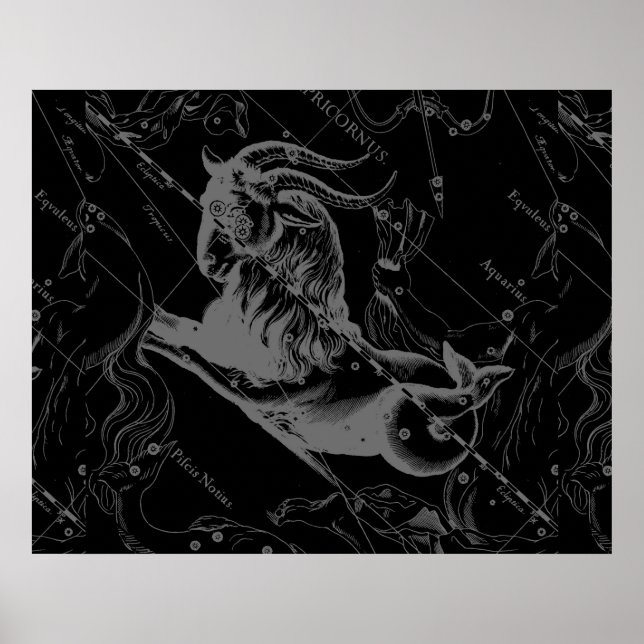 Poster Capricorne Constellation Hevelius 1690 sur Noir (Devant)