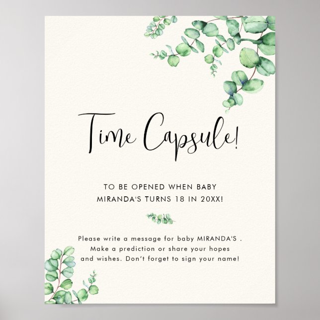 Poster Capsule de temps baby shower de l'eucalyptus du fe (Devant)