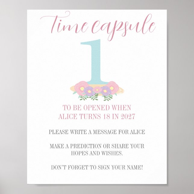 Poster Capsule de temps de 1er anniversaire pastel bleu r (Devant)
