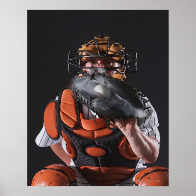 Poster Capteur de baseball tenant le ballon en mitt (Devant)