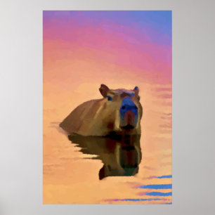 Poster Capybara émergeant d'un lac tranquille